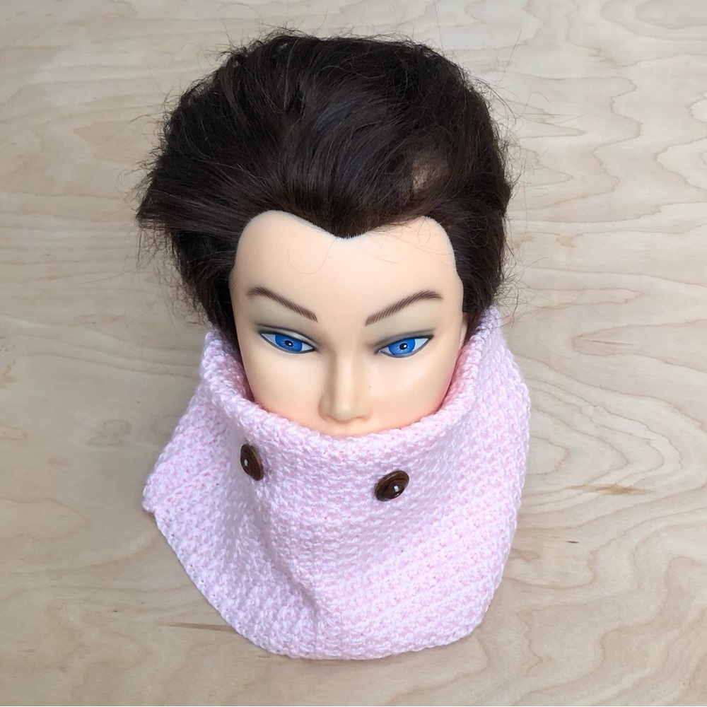Crochet Knit Scarf with Button Accents Pink Hand Made Cotton Womens One Size.